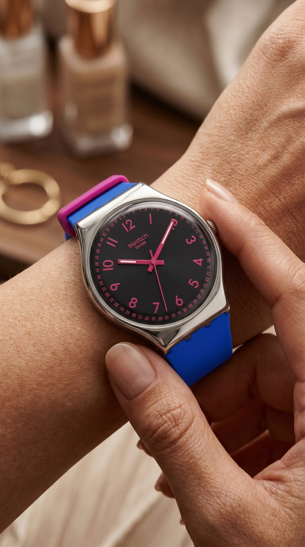 swatch blue gold rose