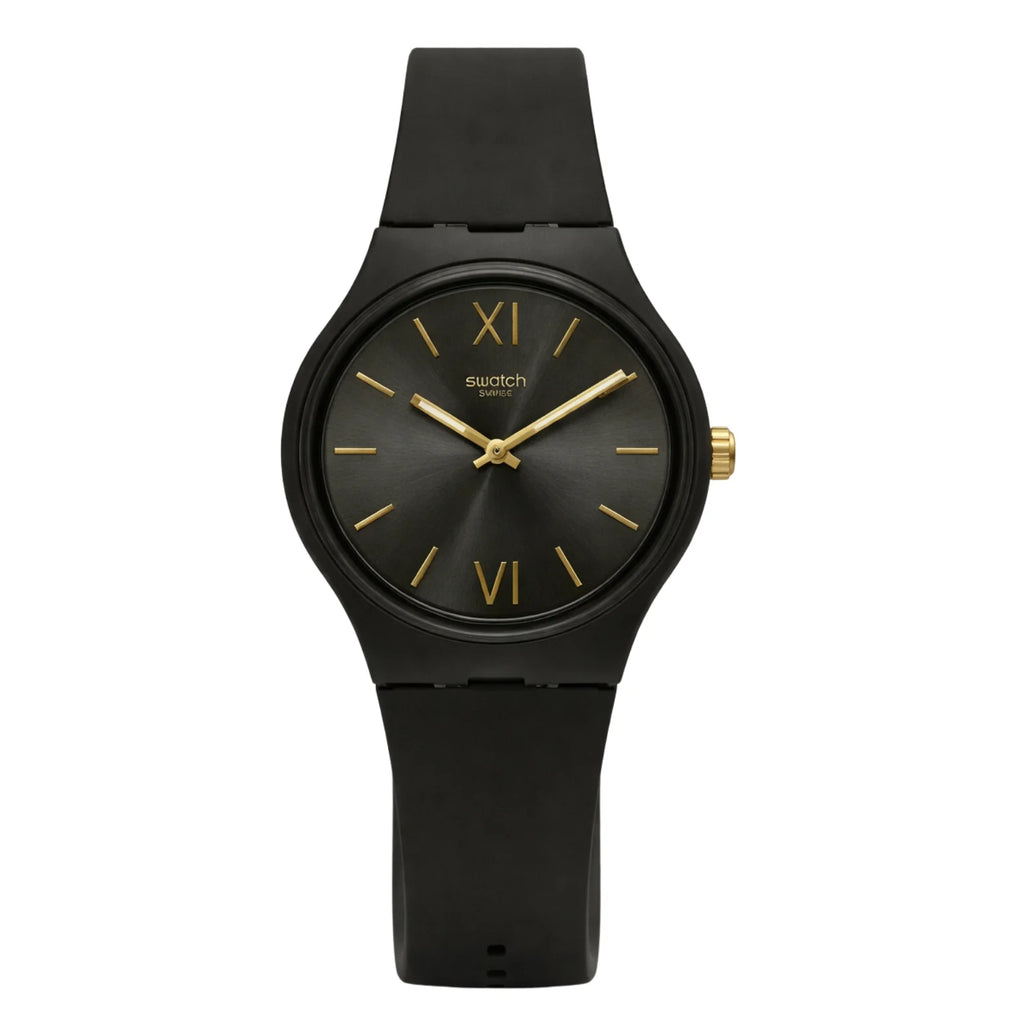 Swatch Midnight Gold – Montre Noire Élégance Dorée